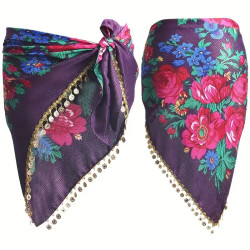 ceinture de danse orientale triangulaire violette avec fleurs et sequins dorés