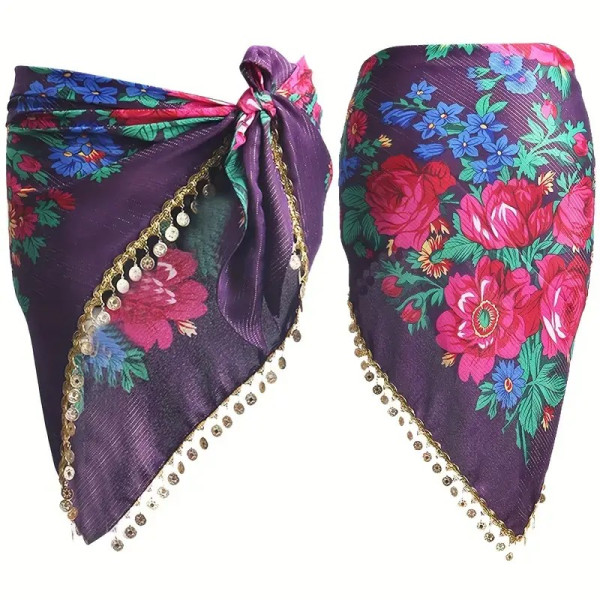 ceinture de danse orientale triangulaire violette avec fleurs et sequins dorés