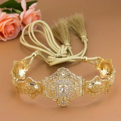 Ceinture plaqué or femme avec strass et cordon doré à nouer finition pompon