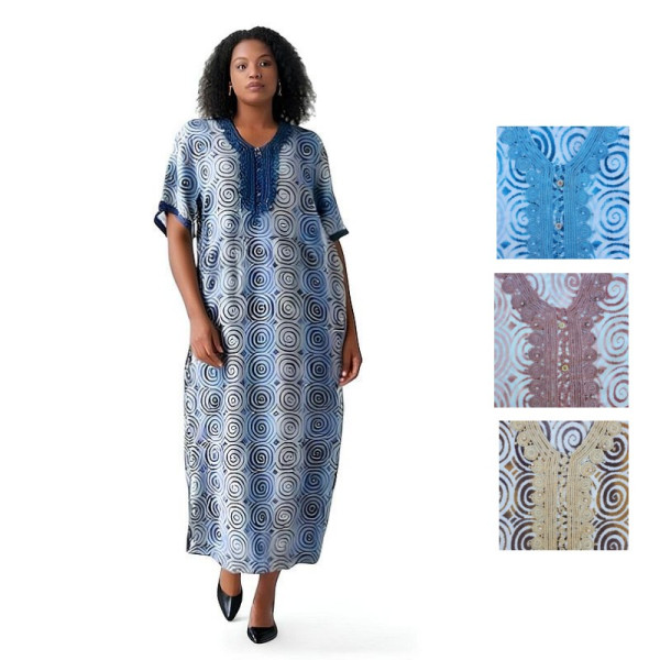 Djellaba femme bleu imprimé géométrique élégant avec broderie perles et boutons strass