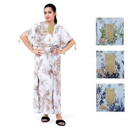 Djellaba femme habillée caramel imprimée élégante avec finitions franges et galon assorti