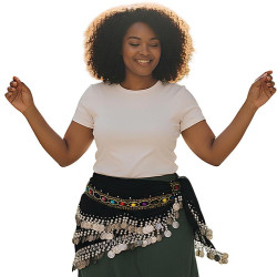 ceinture de danse orientale grande taille en velours noir avec perles argentées et strass multicolores