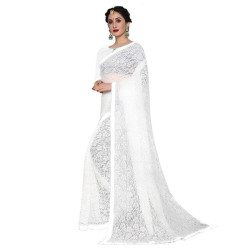 Sari indien en dentelle blanc cassé porté par mannequin, tissu traditionnel à draper – Oriental Discount