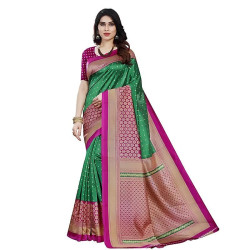 Sari indien femme vert et fuchsia porté, tissu fluide à bordures dorées et roses – Oriental Discount