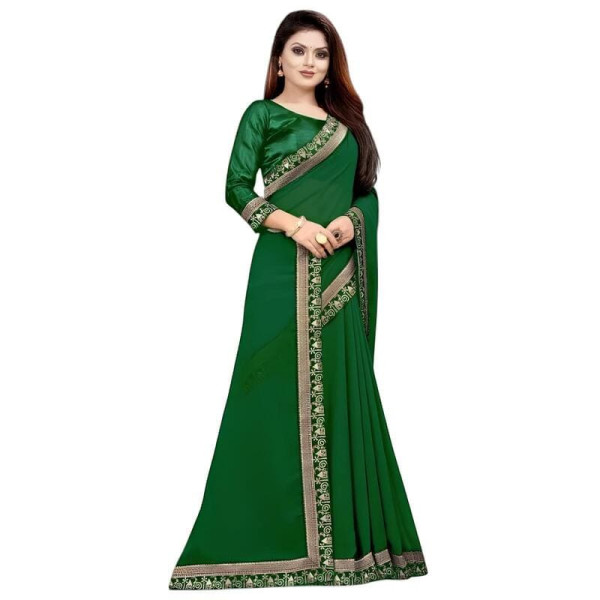 Sari indien authentique vert foncé au décor doré