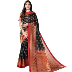 Sari indien noir et rouge satiné décor doré - Coupon de tissu traditionnel 