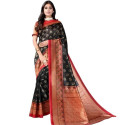 Sari indien noir et rouge satiné décor doré - Coupon de tissu traditionnel