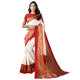 Sari indien rouge et blanc cassé satiné décor doré porté par mannequin 