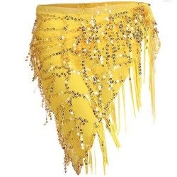 ceinture de danse orientale triangle jaune à paillettes or et franges 