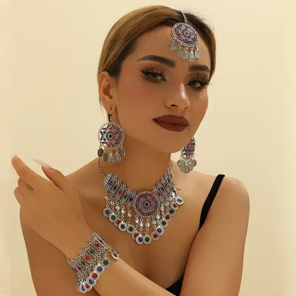 Parure bijoux indiens argent vieilli et pierres colorées