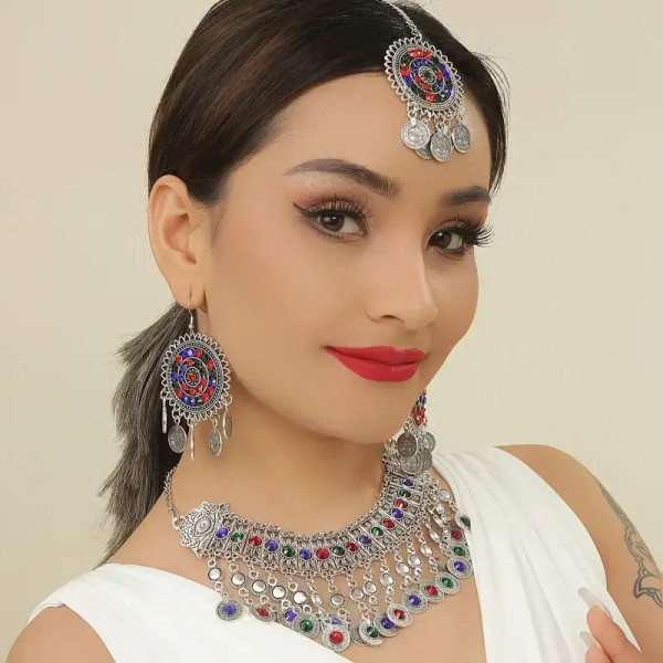 Parure indienne 4 pièces argent vieilli et pierres colorées