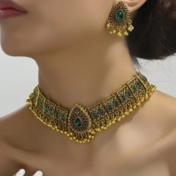 Parure bijoux indiens doré vieilli et vert émeraude