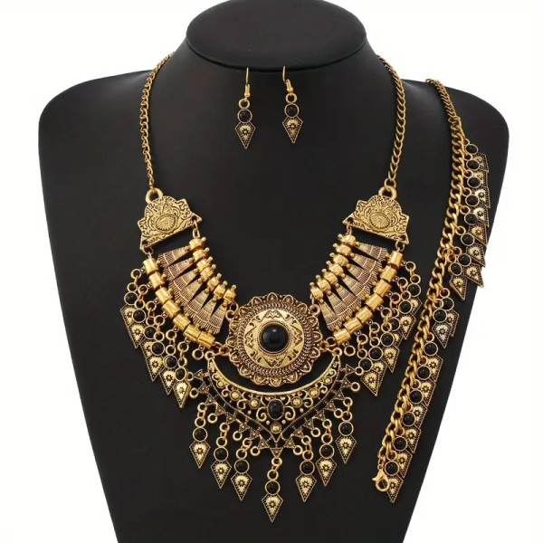 Collier oriental doré à pierres noires avec boucles assorties