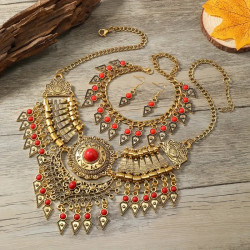 Parure bijoux indiens ethnique dorée et rouge avec collier et boucles orientales