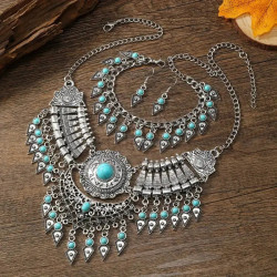 Parure bijoux indiens argent et turquoise avec collier et boucles orientales