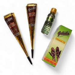 Kit henné Golecha : 2 cônes + huile 6 ml sur fond blanc