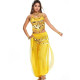 Costume Jasmine 2 pièces jaune à sequins dorés pour danse orientale, top dos nu et sarouel