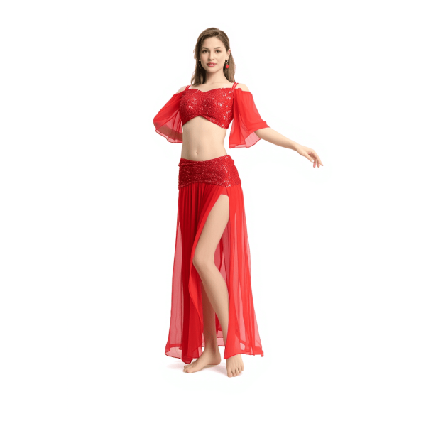 costume de danse orientale femme rouge vif avec jupe fendue et brassière opaque