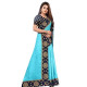 Sari indien bleu clair traditionnel bordure bleue plein pied detouré