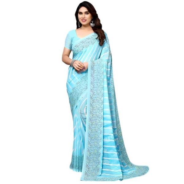 Sari bleu ciel femme pour cérémonie plein pied face