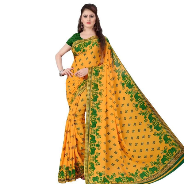 Sari indien moderne jaune et vert motif animalier porté avec choli assorti – style traditionnel