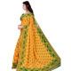 Détail du tissu viscose jaune safran avec bordure verte et motifs éléphant indiens