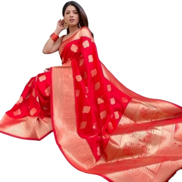 sari indien femme rouge et dorures drapé traditionnel vue de face