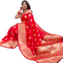 Sari indien femme rouge vif et dorures – coupon de sari traditionnel pour cérémonie