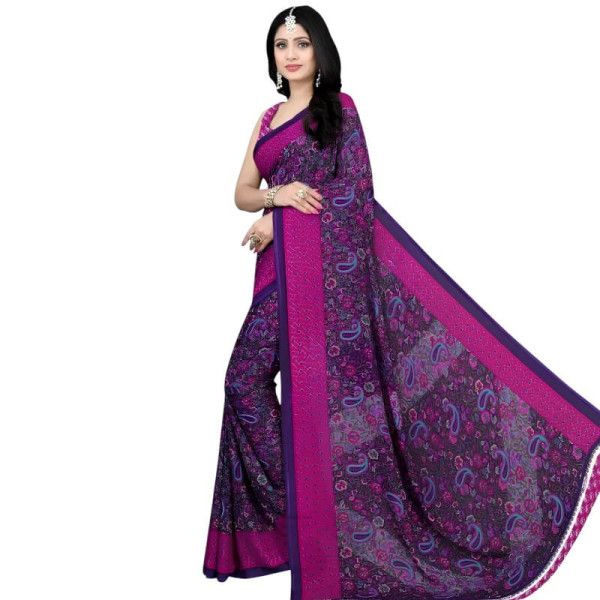 sari indien violet imprimé fleurs fluide moderne – vue de face