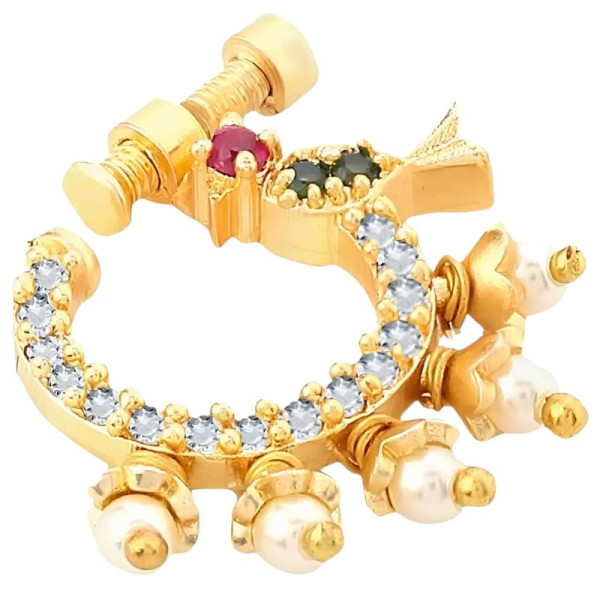 zoom bijou de nez indien non perce avec strass et perles suspendues