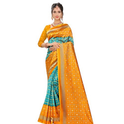 sari indien quadrille ocre et vert avec choli a coudre pose de face