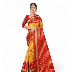 sari indien rouge ocre quadrillage dore drape de face