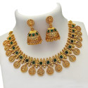 Parure Bijoux Indiens Traditionnel Dorée & Vert – Collier Cordon et Jhumka 3 cm
