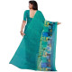 Sari indien femme turquoise vu de dos, tissu fluide avec panneau décoratif multicolore et choli assorti