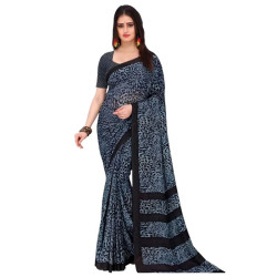Sari indien femme motif léopard bleu noir porté drapé, tissu fluide avec finition noire élégante