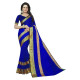Sari indien bleu royal avec bordure dorée élégante – porté de face par femme