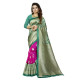 sari indien vert et fuchsia à reflets dorés porté de face avec bordure travaillée