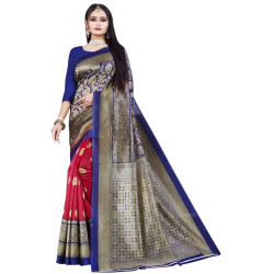 sari indien traditionnel bleu et rouge avec décor doré porté de face par femme