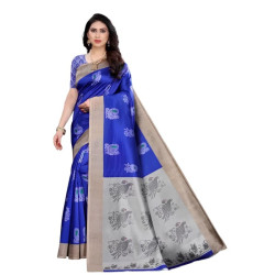 Sari indien bleu roi et beige porté, motifs élégants et bordure décorative traditionnelle