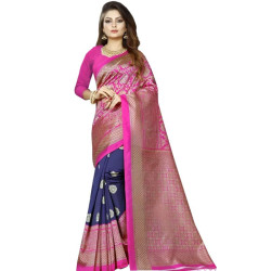 Femme en sari indien fuchsia et bleu avec choli assorti, vue de face