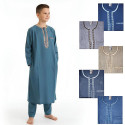 Qamis enfant manches longues avec pantalon – Ensemble pakistanais brodé tissu chiné