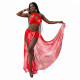 Costume de danse orientale femme fleuri rouge 3 pièces jupe fendue en mousseline