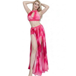 Costume de danse orientale femme fleuri rose fuchia 3 pièces jupe fendue