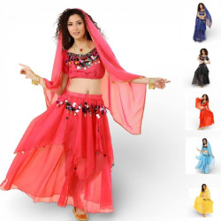 Costume de danse orientale femme rose fuchsia avec voile assorti et jupe longue fluide