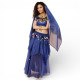 Costume de danse orientale femme bleu roi avec voile transparent et ornements multicolores