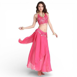 Ensemble de danse orientale top + jupe longue à sequins fuschia - 1
