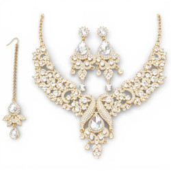 Parure Indienne Dorée Strass Goutte Cristal — Collier, Boucles et Tikka - 1