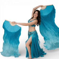 Paire d'Eventails en soie ourlés turquoise - 1