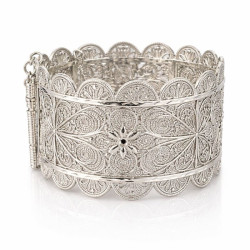 Bracelet manchette oriental argenté filigrané large motif floral ajouré bijou traditionnel rigide