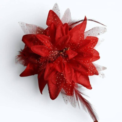 Barrette fleur de cheveux rouge grand modèle 13 cm avec pince crocodile, pétales polyester résille scintillante et plumes décoratives